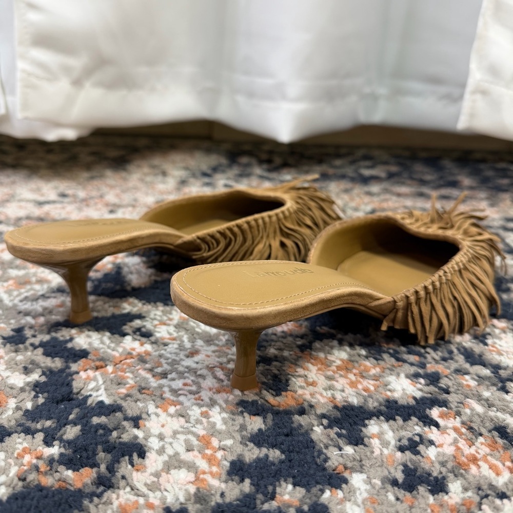 Larroude Tan Suede Fringed Kitten Heel Mule - Picture 11 of 16